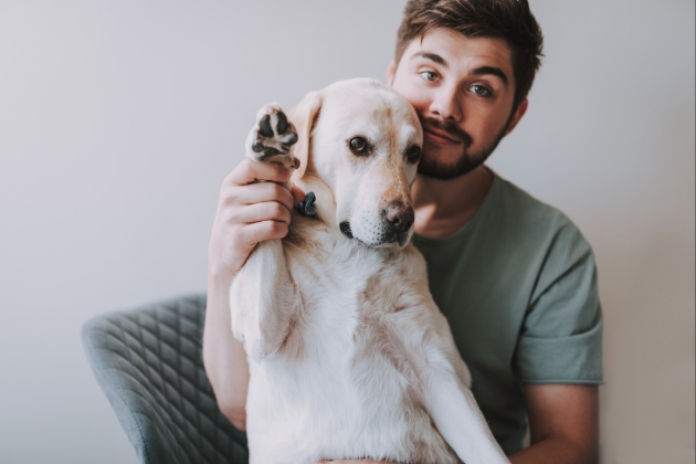 Man holds dog paw